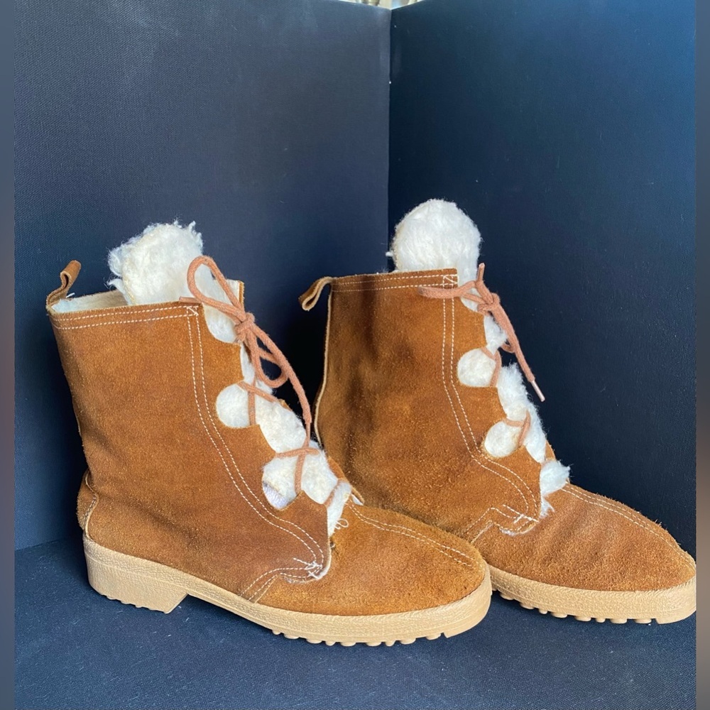 Outdoor Life Made in Italy Brown Suede Shearling Boots Vintage 70s Leather Boho - Picture 3 of 8